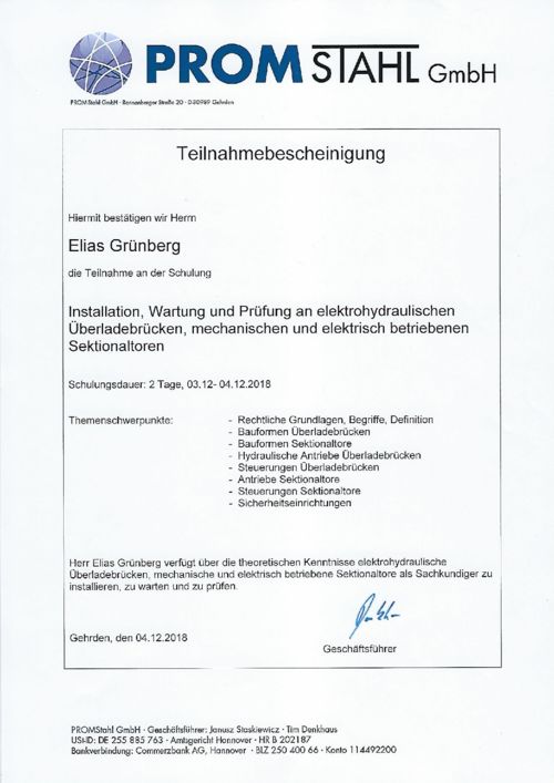 Teilnahmebescheinigung PROM-Schulung 2018 E. Grünberg